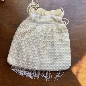 Vintage 1960s Plastic Embellished Cream Drawstring Pouch